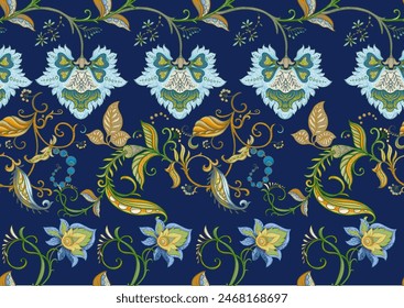 Fantasy flowers in retro, vintage, jacobean embroidery style. Seamless pattern, background. Vector illustration.