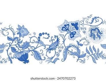 Fantasy flowers in retro, vintage, jacobean embroidery style. Seamless pattern, background. Vector illustration.