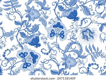 Fantasy flowers in retro, vintage, jacobean embroidery style. Seamless pattern, background. Vector illustration.