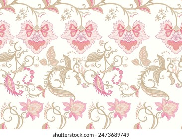 Fantasy flowers in retro, vintage, jacobean embroidery style. Seamless pattern, background. Vector illustration.