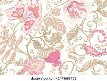 Fantasy flowers in retro, vintage, jacobean embroidery style. Seamless pattern, background. Vector illustration.