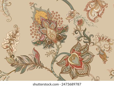 Fantasy flowers in retro, vintage, jacobean embroidery style. Seamless pattern, background. Vector illustration.