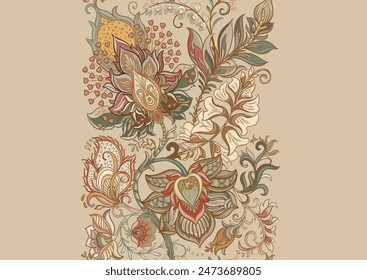 Fantasy flowers in retro, vintage, jacobean embroidery style. Seamless pattern, background. Vector illustration.