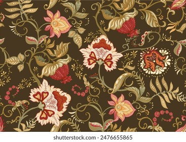 Fantasy flowers in retro, vintage, jacobean embroidery style. Seamless pattern, background. Vector illustration.