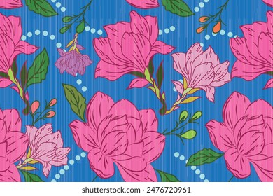 Fantasy flowers in retro, vintage, jacobean embroidery style. Seamless pattern, florwer on blue background. Vector illustration.