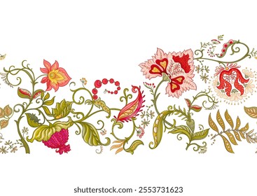 Fantasy flowers in retro, vintage, jacobean embroidery style. Seamless pattern, background. Vector illustration.