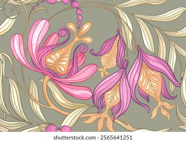 Fantasy flowers in retro, vintage, jacobean embroidery style. Seamless pattern, background. Vector illustration.