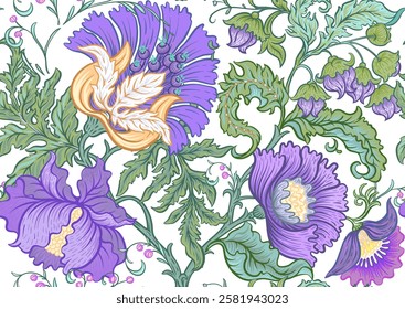 Fantasy flowers in retro, vintage, jacobean embroidery style. Seamless pattern, background. Vector illustration.