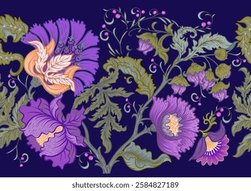 Fantasy flowers in retro, vintage, jacobean embroidery style. Seamless pattern, background. Vector illustration.