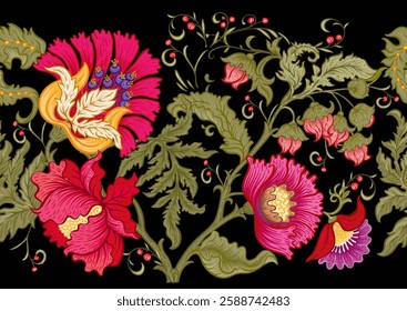 Fantasy flowers in retro, vintage, jacobean embroidery style. Seamless pattern, background. Vector illustration.