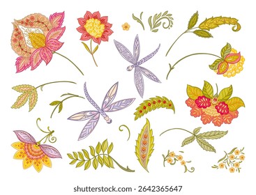 Fantasy flowers in retro, vintage, jacobean embroidery style. Clip art, set of elements for design Vector illustration.