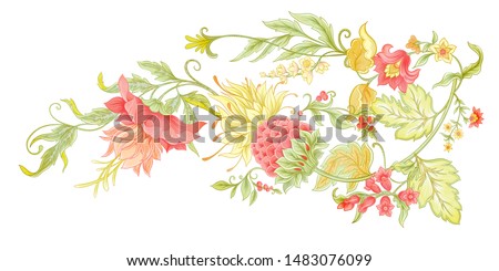 Fantasy flowers in retro, vintage, jacobean embroidery style. Element for design. Colored vector illustration. Isolated on white background.	