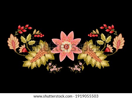 Fantasy flowers in retro, vintage, jacobean embroidery style. Embroidery imitation isolated on black background. Vector illustration.