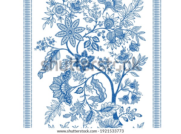 Fantasy flowers in retro, vintage, jacobean\
embroidery style. Seamless pattern, background. Vector\
illustration. On army green\
background.