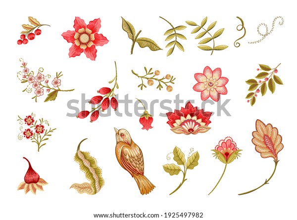 Fantasy flowers in retro,\
vintage, jacobean embroidery style. Embroidery imitation isolated\
on white background. Vector illustration. Set of elements for\
design, clip art.