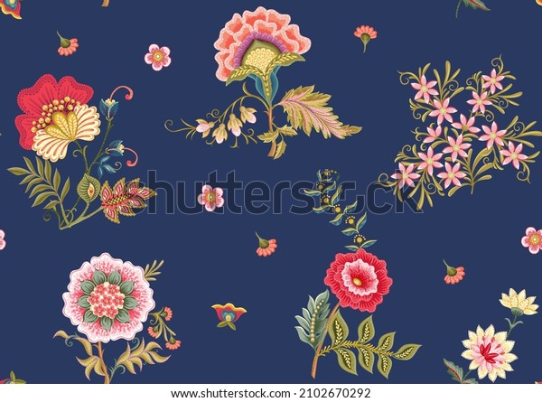 Fantasy flowers in retro, vintage, jacobean\
embroidery style. Seamless pattern on blue denim background. Vector\
illustration.