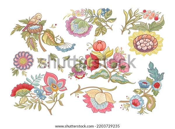 Fantasy flowers in retro,\
vintage, jacobean embroidery style. Elements for design. Vector\
illustration.