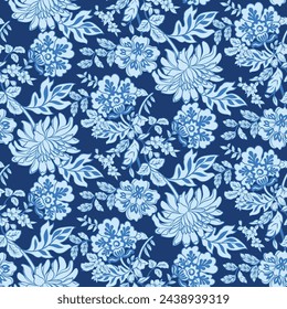 Fantasy flowers in retro, vintage seamless pattern, jacobean embroidery style. Vector illustration. On tone blue background.