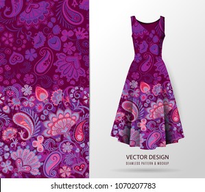 Fantasy flowers seamless paisley pattern on dress mockup. Wrapping print. Floral ornament, for fabric, textile, cards, batik, wallpaper template, packaging. Ornamental background. Purple