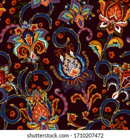 Fantasy flowers seamless paisley pattern. Floral ornament, for fabric, textile, cards, wrapping paper, wallpaper template. Bright colorful on vinous background