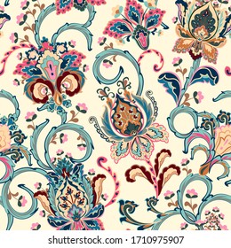 Fantasy flowers seamless paisley pattern. Floral ornament, for fabric, textile, cards, wrapping paper, wallpaper template. Pastel blue pink on white.