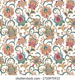 Fantasy flowers seamless paisley pattern. Floral ornament, for fabric, textile, cards, wrapping paper, wallpaper template. Pastel blue pink beige on white.