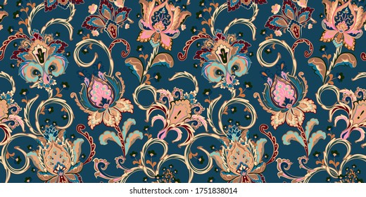 Fantasy flowers seamless paisley pattern. Floral ornament, for fabric, textile, cards, wrapping paper, wallpaper template. Pastel blue pink.