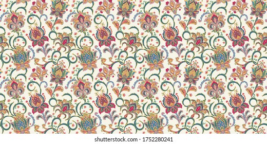 Flores de fantasía sin fisuras, patrón paisley. Ornamento floral, para tela, textil, tarjetas, papel envolvente, plantilla de papel pintado. El beige rosa azul pastel sobre el blanco.