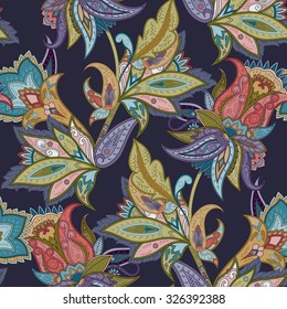 Fantasy flowers seamless paisley pattern. Floral ornament, for fabric, textile, cards, wrapping paper, wallpaper template.