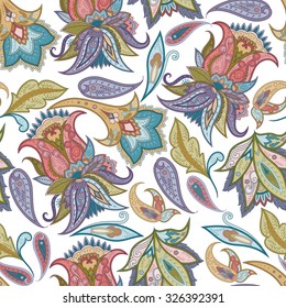 Fantasy flowers seamless paisley pattern. Floral ornament, for fabric, textile, cards, wrapping paper, wallpaper template.