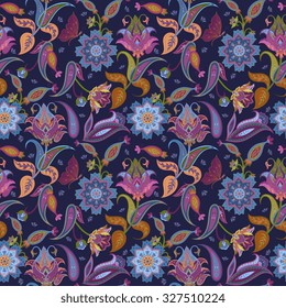 Fantasy flowers seamless paisley pattern. Floral ornament, for fabric, textile, cards, wrapping paper, wallpaper template.