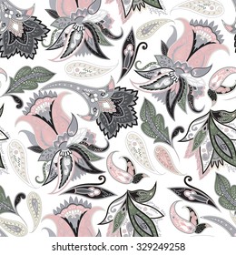 Fantasy flowers seamless paisley pattern. Floral ornament, for fabric, textile, cards, wrapping paper, wallpaper template.