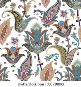Flores de fantasía, sin fisuras, en un patrón paisajístico. Rótulo floral, para tela, textil, tarjetas, papel de envoltura, plantilla de papel pintado.