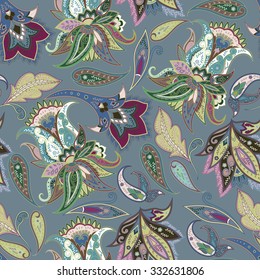 Fantasy flowers seamless paisley pattern. Floral ornament, for fabric, textile, cards, wrapping paper, wallpaper template.