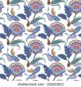 Fantasy flowers seamless paisley pattern. Floral ornament, for fabric, textile, cards, wrapping paper, wallpaper template.Ornamental bright background