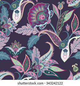 Fantasy flowers seamless paisley pattern. Floral ornament  on dark background for fabric, textile, cards, wrapping paper, wallpaper template.Ornamental bright motif