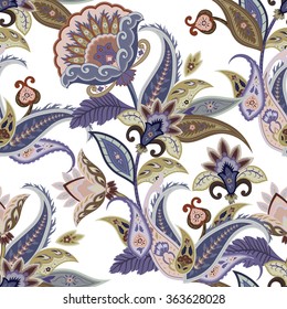 Fantasy flowers seamless paisley pattern. Wrapping print. Stylized decoration wallpaper of India. Floral ornament, for fabric, textile, cards, wrapping paper, wallpaper.Ornamental paisley background