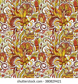 Fantasy flowers seamless paisley pattern. Floral ornament, for fabric, textile, cards, wrapping paper, wallpaper template. Orange brown white colors background.
