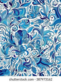 Fantasy flowers seamless paisley pattern. Floral ornament, for fabric, textile, cards, wrapping paper, wallpaper template. Ornamental blue background
