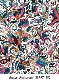 Fantasy flowers seamless paisley pattern. Floral ornament, for fabric, textile, cards, wrapping paper, wallpaper template. Ornamental pastel blue pink beige background