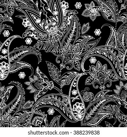 Fantasy flowers seamless paisley pattern. Floral ornament, for fabric, textile, cards, wrapping paper, wallpaper template.Ornamental background