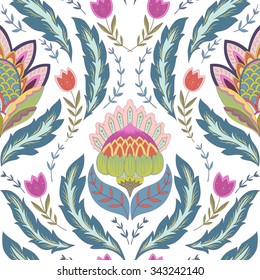 Fantasy flowers seamless pattern. Classic ornament on white background for textile, wrapping, wallpaper