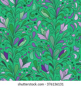 Fantasy flowers seamless pattern. Floral ornament  on green background for fabric, textile, cards, wrapping paper, wallpaper template. Ornamental bright motif