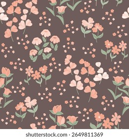 Fantasy Flowers in Shades of Peach Oranges with Sage Green Leaves on Coffee Brown creating a seamless pattern print