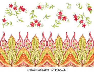 Fantasy flowers, traditional Jacobean embroidery style. Seamless pattern, background. Vector illustration in bright red and green colors isolated on white background.	