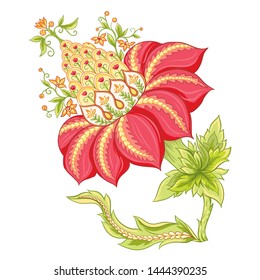 Fantasy flowers, traditional Jacobean embroidery style. Elements for design. Vector illustration in bright red and green colors isolated on white background.	