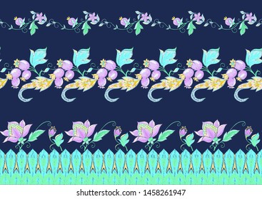 Fantasy flowers, traditional Jacobean embroidery style. Seamless pattern, background. Embroidery imitation. Vector illustration in neon colors on space blue background.	