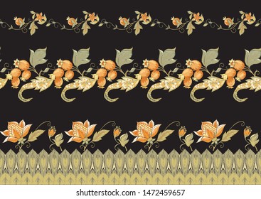 Fantasy flowers, traditional Jacobean embroidery style. Seamless pattern, background. Embroidery imitation. Vector illustration in soft orange and green colors isolated on black background.