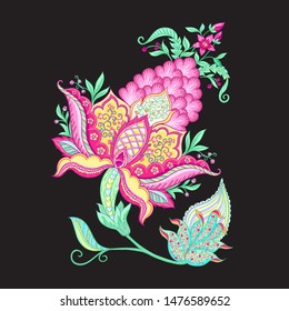 Fantasy flowers, traditional Jacobean embroidery style. Elements for design. Vector illustration in bright pink and green colors isolated on black background.	