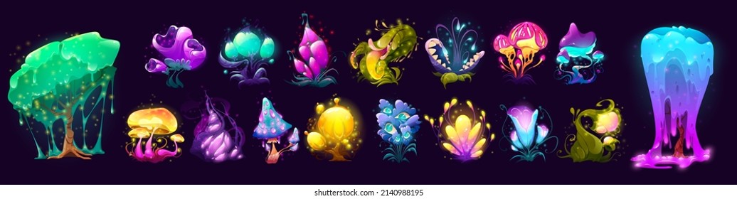 Fantasy flowers, trees, and mushrooms from alien world or planet. Vector cartoon set of fantastic plants with dripping slime, teeth, and eyes. Unusual fungus and grass with mystic glow